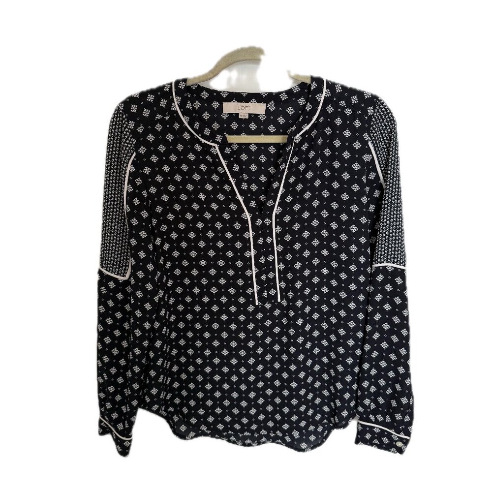 LOFT Black White Geometric Print Split Neck Long Sleeve Blouse Womens Size XS